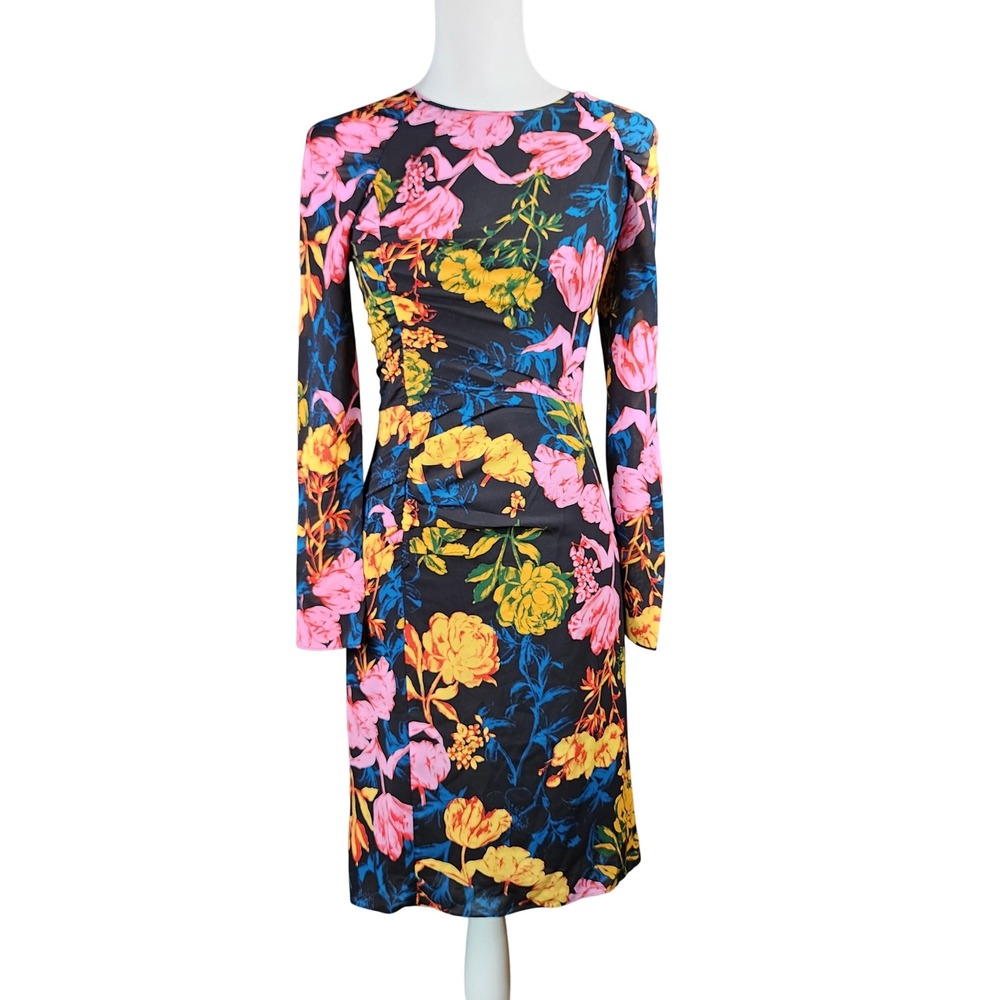 Whistles Silk Blend Ruched Dress Women 4 Black Pink Digital Bloom Career Wedding